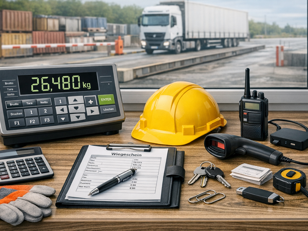Arbeitsplatz an einer Wiegestation mit digitale Wiegeanzeige und weiterer Arbeitsausrüstung