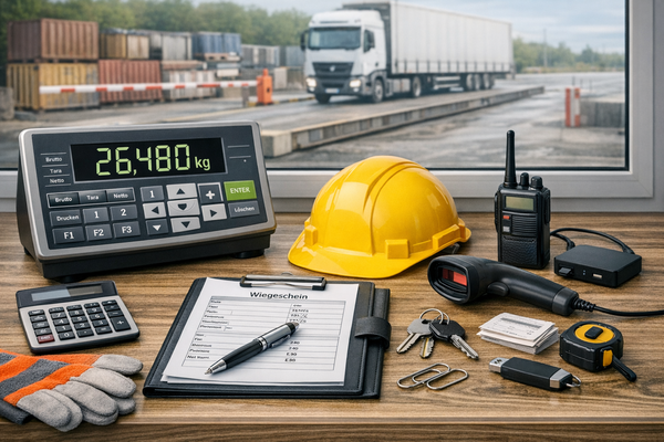 Arbeitsplatz an einer Wiegestation mit digitale Wiegeanzeige und weiterer Arbeitsausrüstung