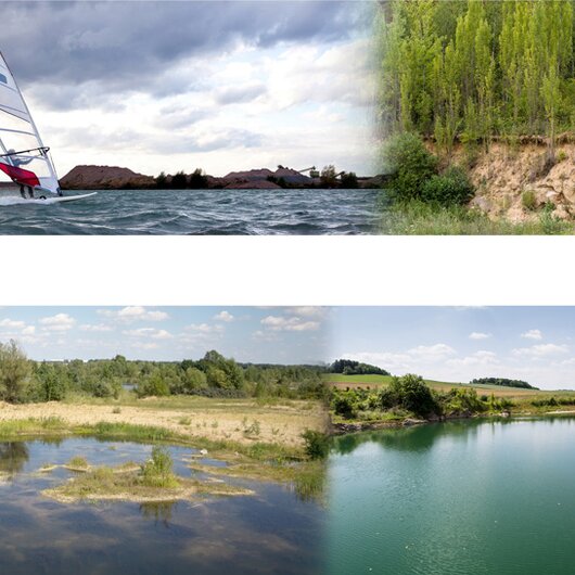 Collage aus Windsurfer, renaturierten Sandflächen und Gewässern zur Darstellung von Rekultivierung und Biodiversität